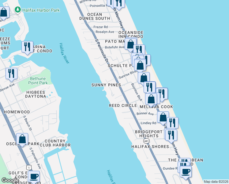 map of restaurants, bars, coffee shops, grocery stores, and more near 2101 South Halifax Drive in Daytona Beach