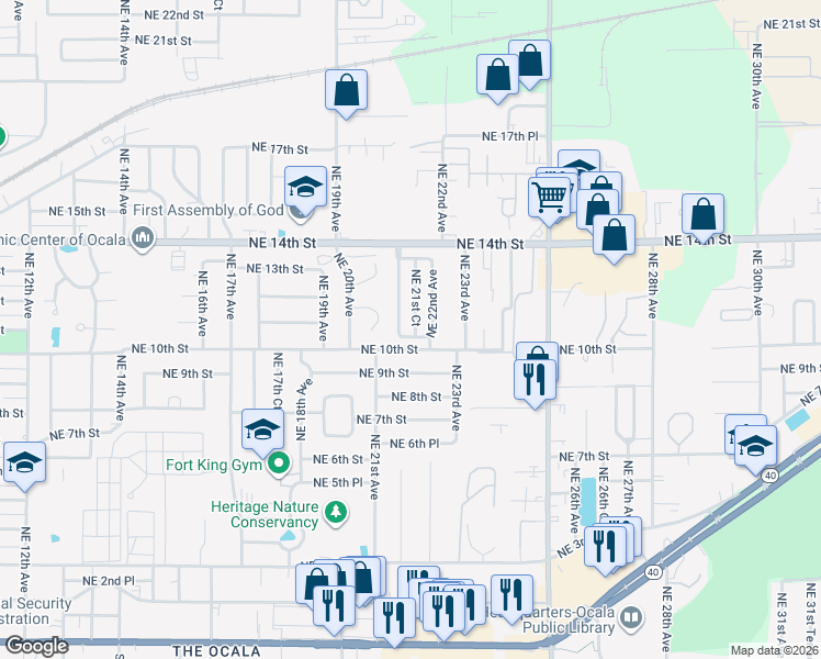 map of restaurants, bars, coffee shops, grocery stores, and more near 1014 Northeast 21st Court in Ocala