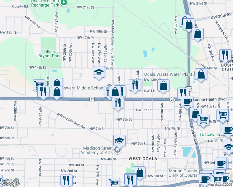 map of restaurants, bars, coffee shops, grocery stores, and more near 1102 Northwest Martin Luther King Junior Avenue in Ocala