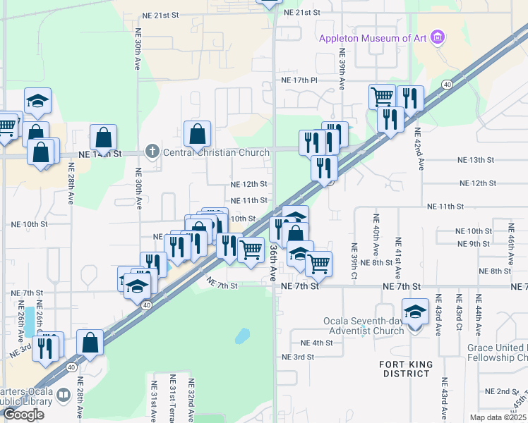 map of restaurants, bars, coffee shops, grocery stores, and more near 3529 East Silver Springs Boulevard in Ocala