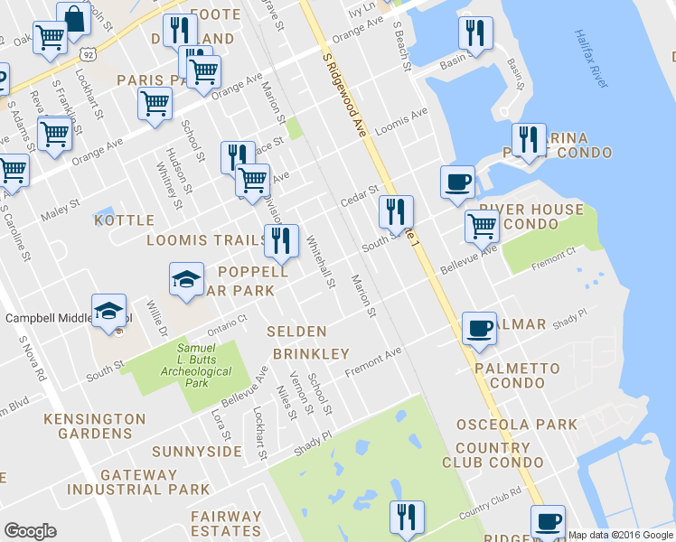 map of restaurants, bars, coffee shops, grocery stores, and more near 724 Marion Street in Daytona Beach