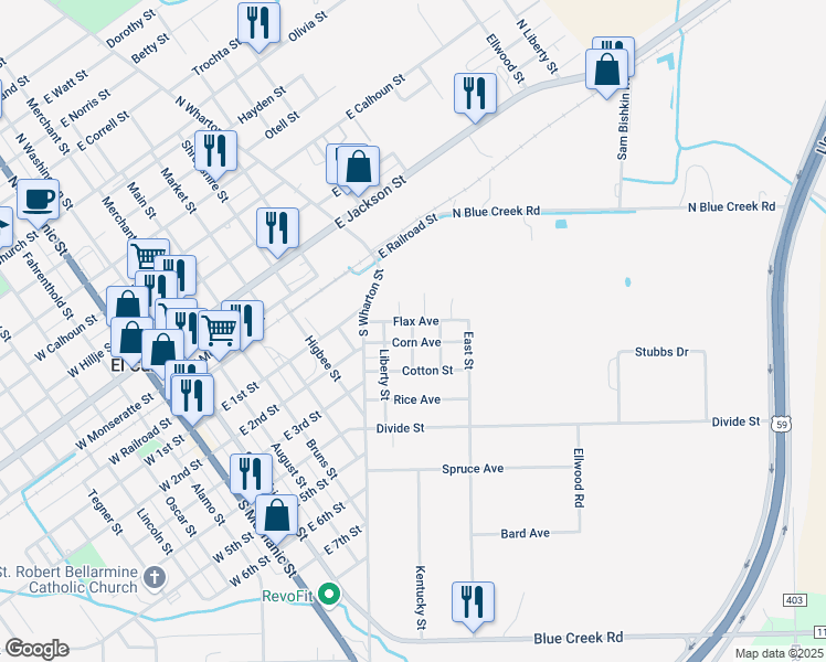 map of restaurants, bars, coffee shops, grocery stores, and more near 1009 Corn Avenue in El Campo