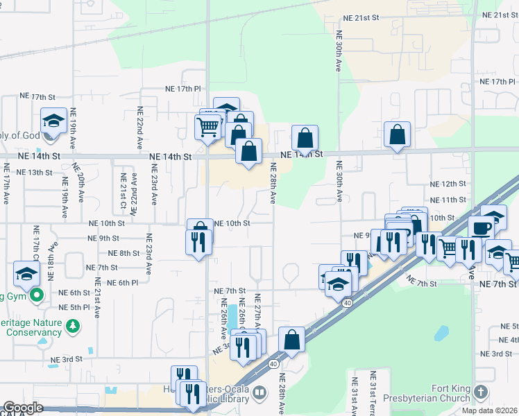map of restaurants, bars, coffee shops, grocery stores, and more near 2701 Northeast 10th Street in Ocala