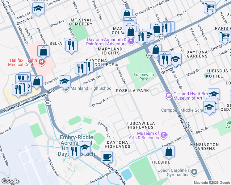 map of restaurants, bars, coffee shops, grocery stores, and more near 245 Tarragona Way in Daytona Beach