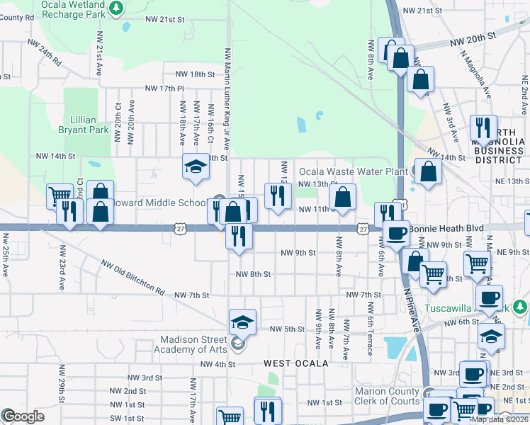 map of restaurants, bars, coffee shops, grocery stores, and more near 1015 Northwest 14th Avenue in Ocala