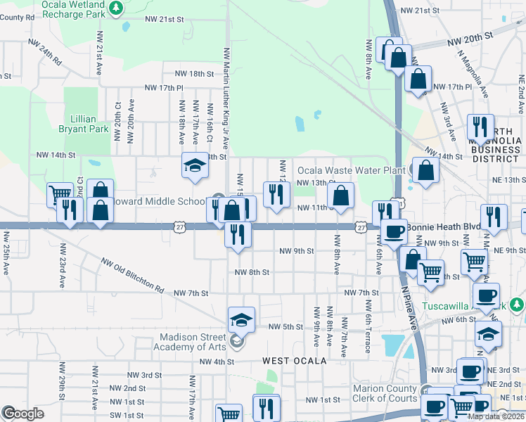 map of restaurants, bars, coffee shops, grocery stores, and more near 1015 Northwest 14th Avenue in Ocala