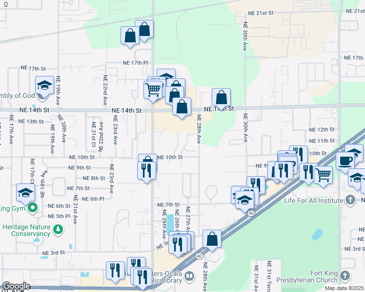 map of restaurants, bars, coffee shops, grocery stores, and more near 2631 Northeast 10th Street in Ocala