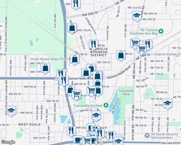 map of restaurants, bars, coffee shops, grocery stores, and more near 33 Bonnie Heath Boulevard in Ocala