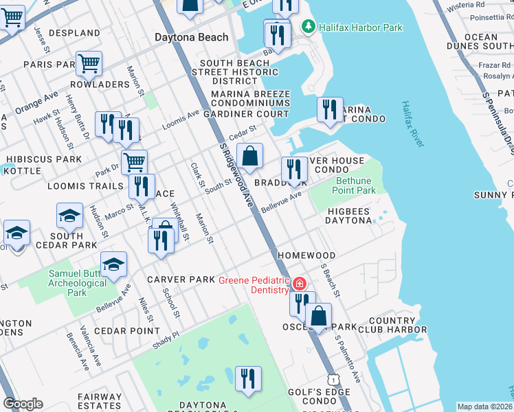 map of restaurants, bars, coffee shops, grocery stores, and more near 749 South Ridgewood Avenue in Daytona Beach