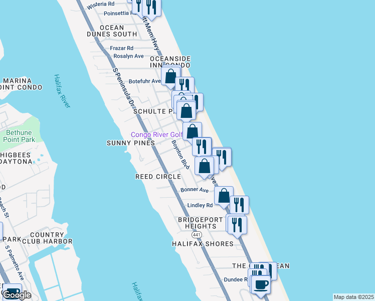 map of restaurants, bars, coffee shops, grocery stores, and more near 141 Boynton Boulevard in Daytona Beach