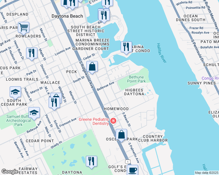 map of restaurants, bars, coffee shops, grocery stores, and more near 820 South Beach Street in Daytona Beach