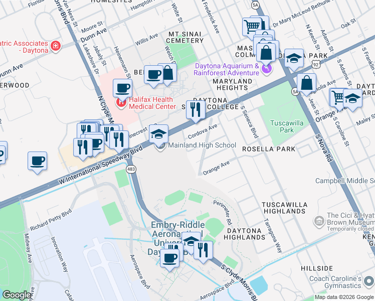 map of restaurants, bars, coffee shops, grocery stores, and more near 1159 Magnolia Avenue in Daytona Beach