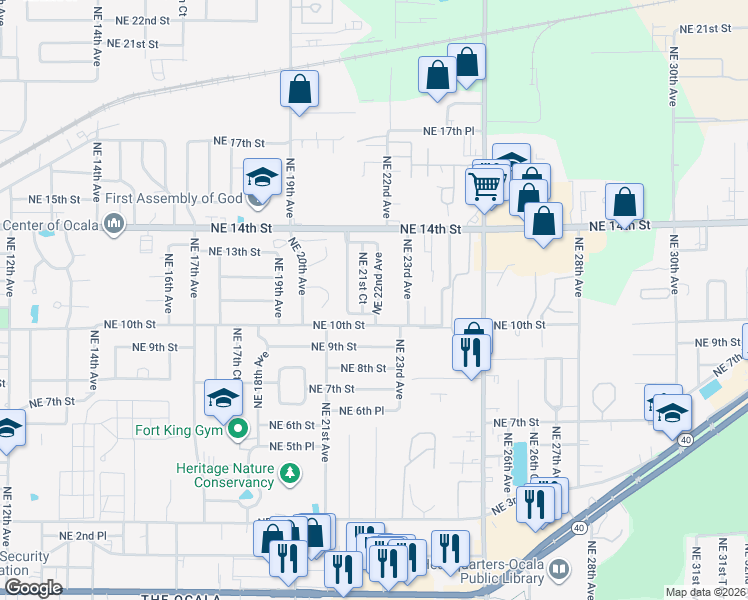 map of restaurants, bars, coffee shops, grocery stores, and more near 1014 Northeast 21st Court in Ocala