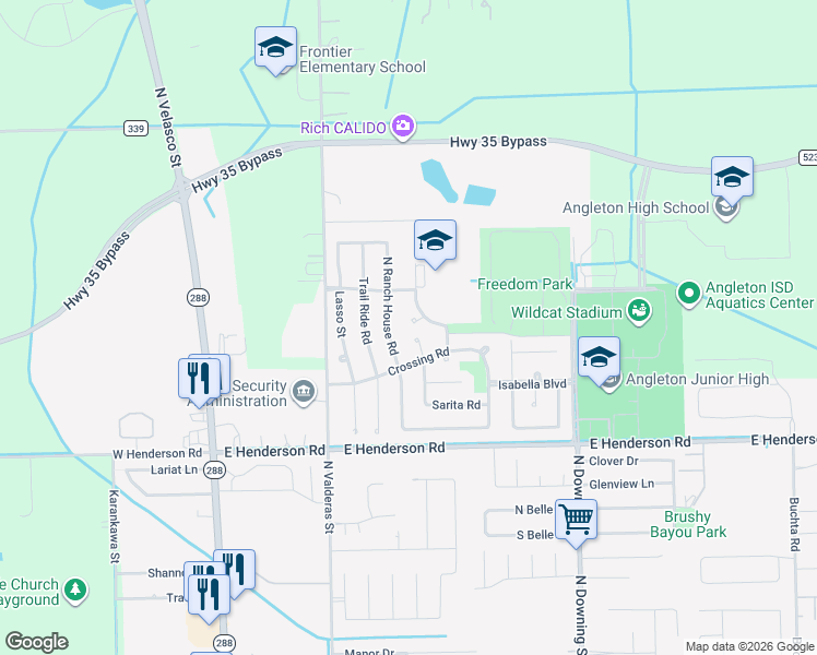 map of restaurants, bars, coffee shops, grocery stores, and more near 3 Sarita Court in Angleton