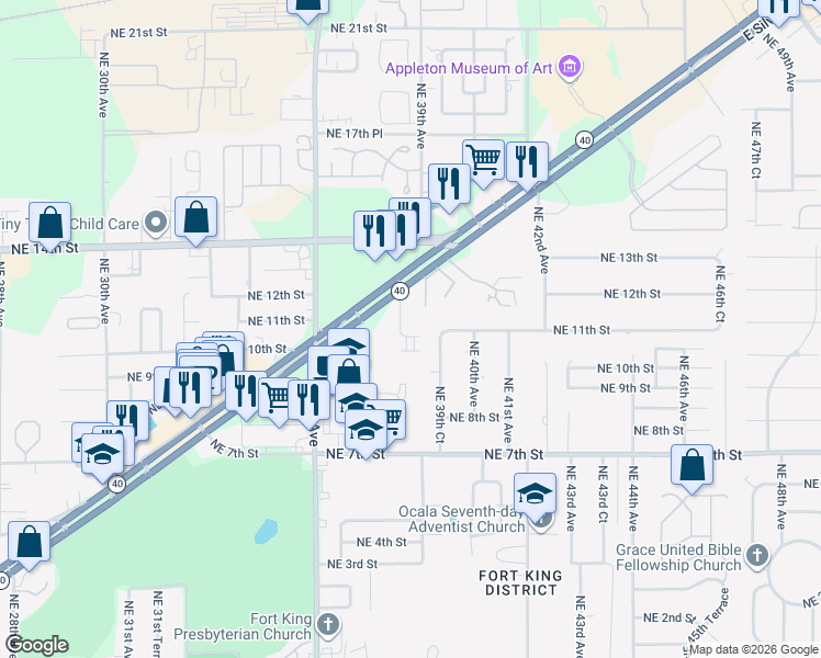 map of restaurants, bars, coffee shops, grocery stores, and more near 3800 East Silver Springs Boulevard in Ocala