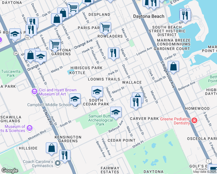 map of restaurants, bars, coffee shops, grocery stores, and more near 713 Cedar Street in Daytona Beach