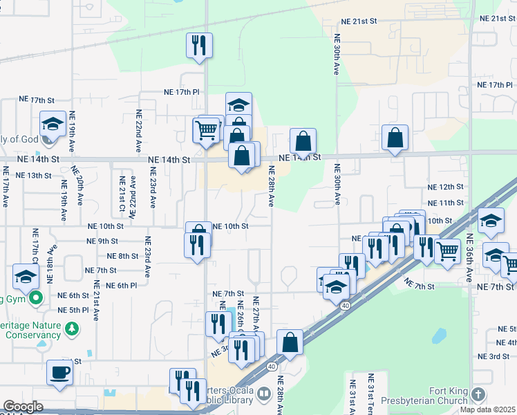 map of restaurants, bars, coffee shops, grocery stores, and more near 2701 Northeast 10th Street in Ocala
