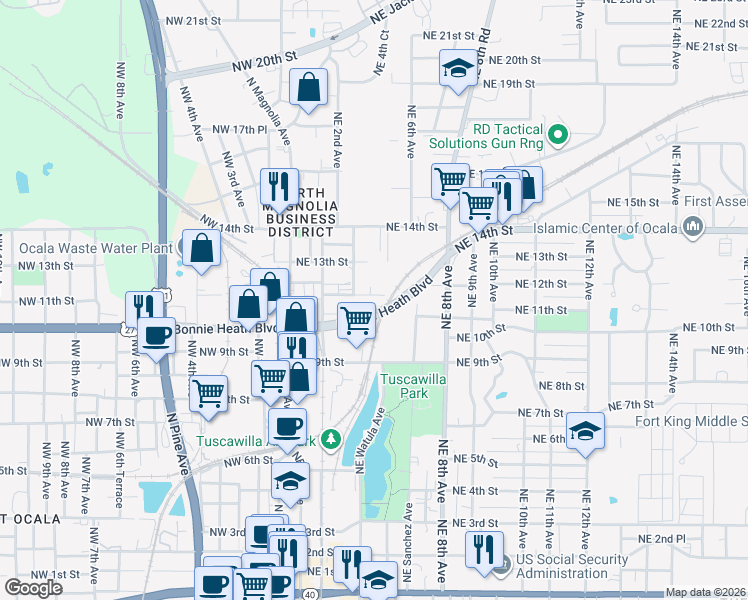 map of restaurants, bars, coffee shops, grocery stores, and more near 338 Northeast 4th Avenue in Ocala