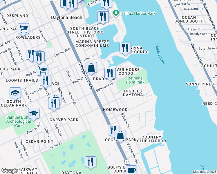 map of restaurants, bars, coffee shops, grocery stores, and more near 820 South Beach Street in Daytona Beach
