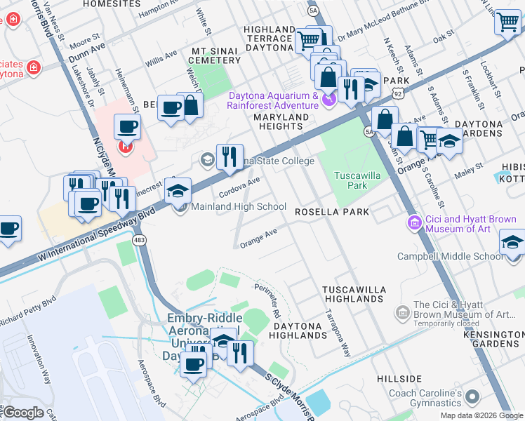 map of restaurants, bars, coffee shops, grocery stores, and more near 1141 Australia Avenue in Daytona Beach