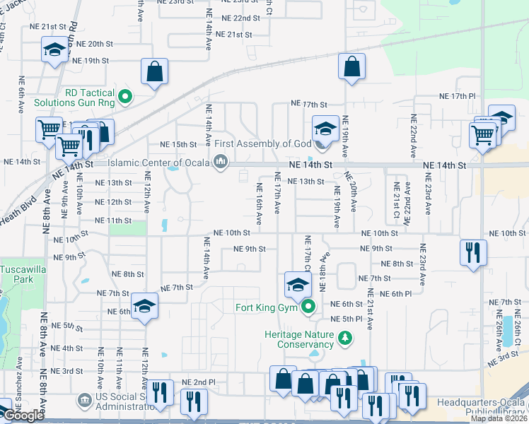 map of restaurants, bars, coffee shops, grocery stores, and more near 1020 Northeast 17th Avenue in Ocala
