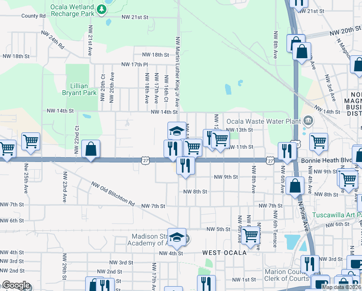 map of restaurants, bars, coffee shops, grocery stores, and more near 1102 Northwest Martin Luther King Junior Avenue in Ocala
