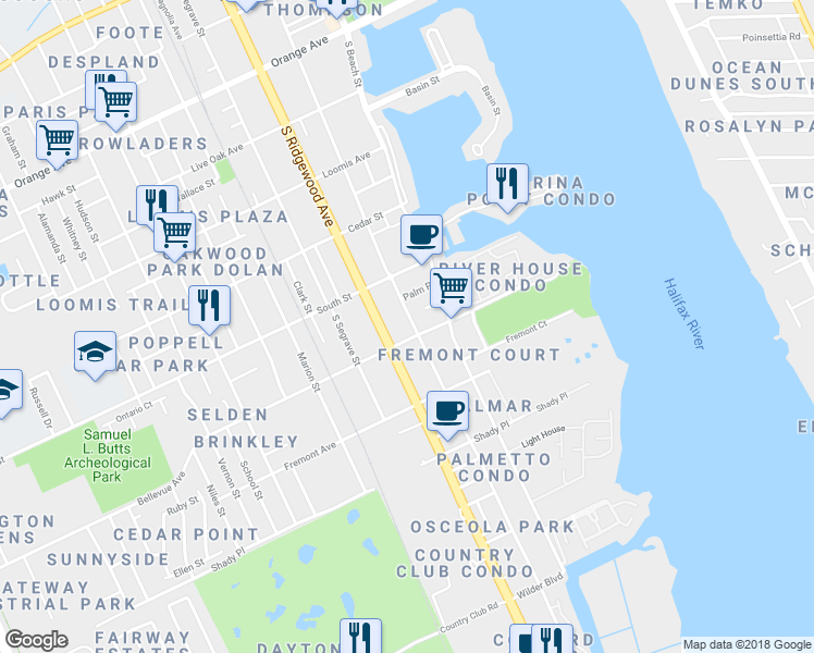 map of restaurants, bars, coffee shops, grocery stores, and more near 215 Bellevue Avenue in Daytona Beach