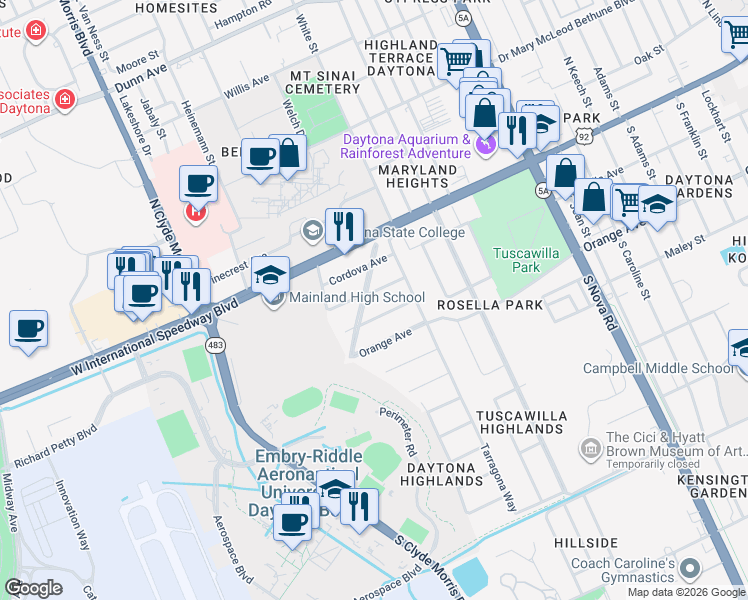 map of restaurants, bars, coffee shops, grocery stores, and more near 1141 Australia Avenue in Daytona Beach