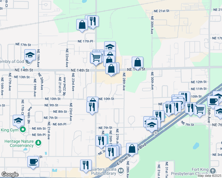 map of restaurants, bars, coffee shops, grocery stores, and more near 2631 Northeast 10th Street in Ocala