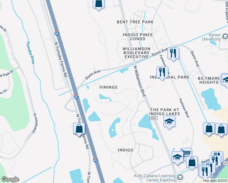 map of restaurants, bars, coffee shops, grocery stores, and more near 140 Powell Boulevard in Daytona Beach