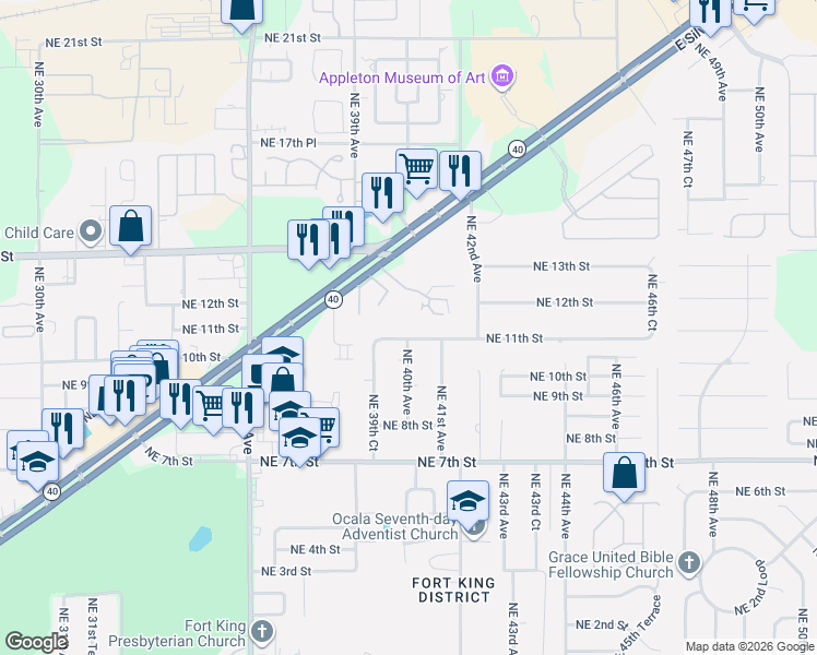 map of restaurants, bars, coffee shops, grocery stores, and more near 1232 Northeast 39th Road in Ocala