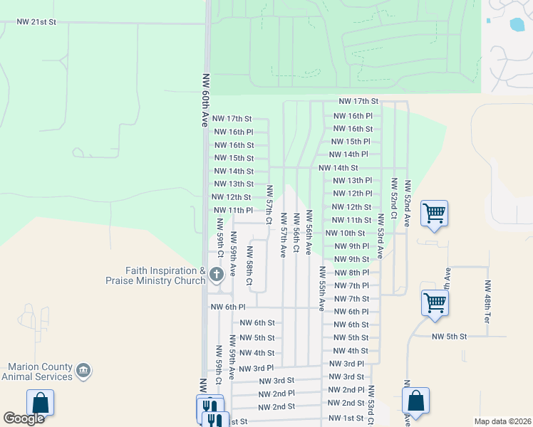 map of restaurants, bars, coffee shops, grocery stores, and more near 5788 Northwest 12th Street in Ocala