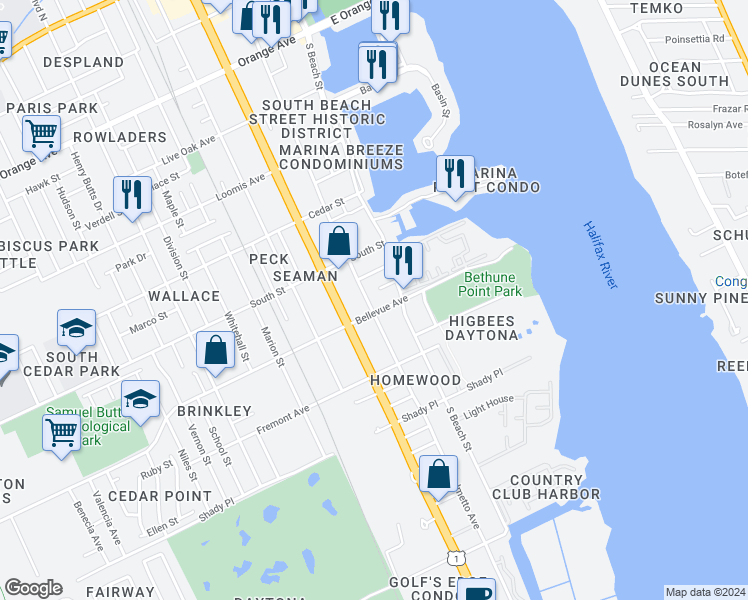 map of restaurants, bars, coffee shops, grocery stores, and more near 127 Palm Place in Daytona Beach