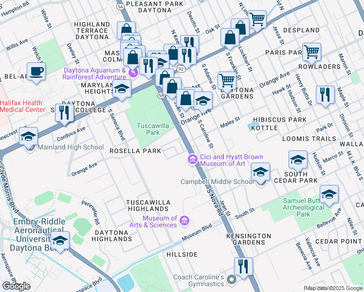 map of restaurants, bars, coffee shops, grocery stores, and more near 503 South Nova Road in Daytona Beach