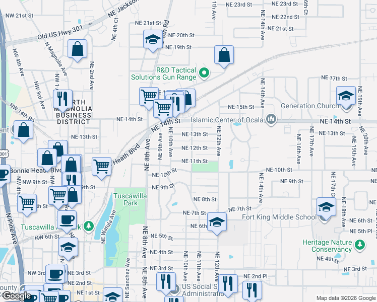 map of restaurants, bars, coffee shops, grocery stores, and more near 1037 Northeast 12th Street in Ocala