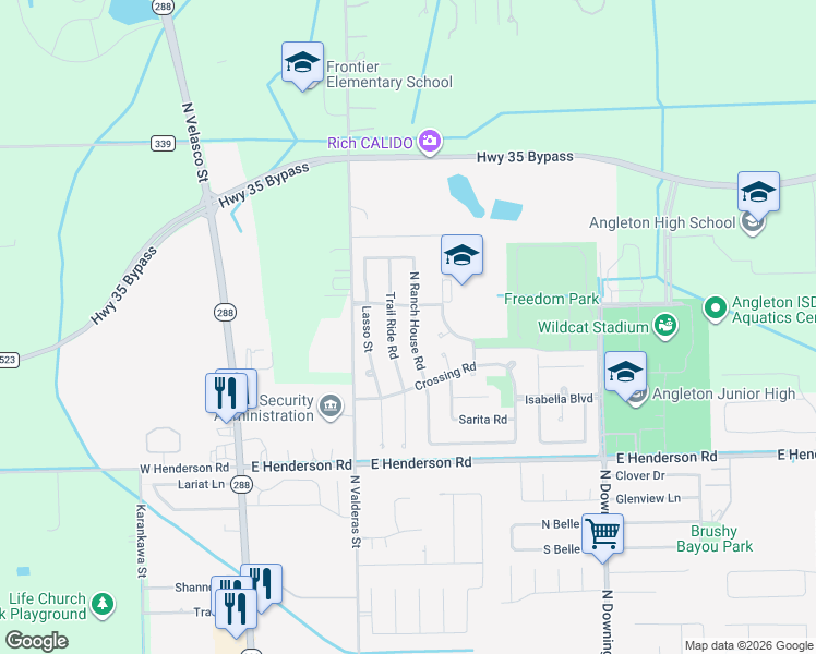 map of restaurants, bars, coffee shops, grocery stores, and more near 257 North Ranch House Road in Angleton
