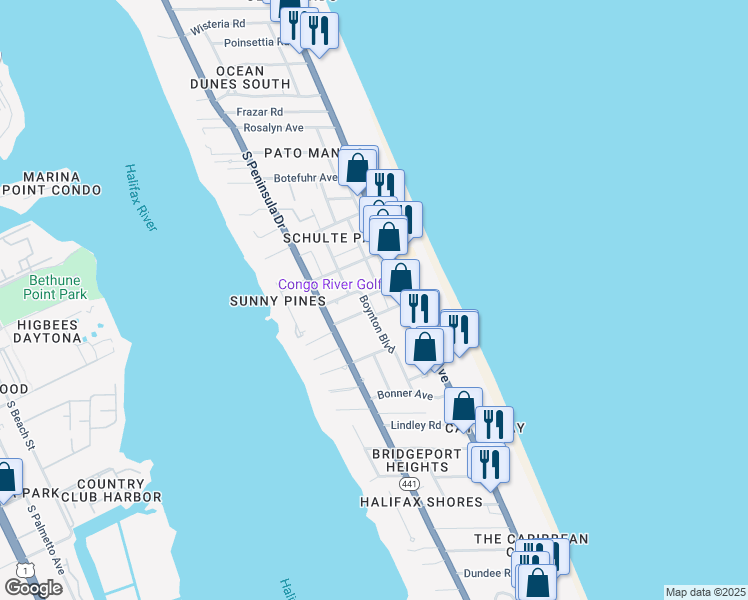 map of restaurants, bars, coffee shops, grocery stores, and more near 100 Grant Avenue in Daytona Beach