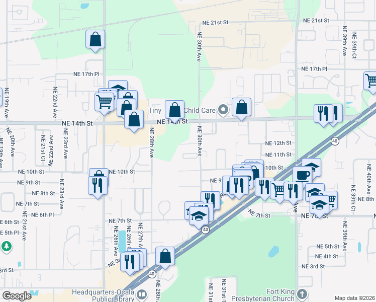 map of restaurants, bars, coffee shops, grocery stores, and more near 1020 Northeast 30th Avenue in Ocala