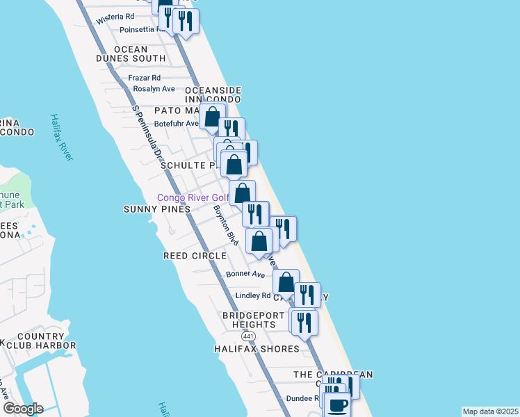 map of restaurants, bars, coffee shops, grocery stores, and more near 2071 South Atlantic Avenue in Daytona Beach Shores