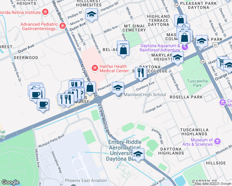 map of restaurants, bars, coffee shops, grocery stores, and more near 1255 West International Speedway Boulevard in Daytona Beach