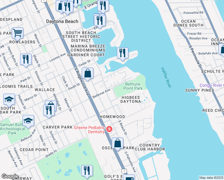 map of restaurants, bars, coffee shops, grocery stores, and more near 802 Donnelly Place in Daytona Beach