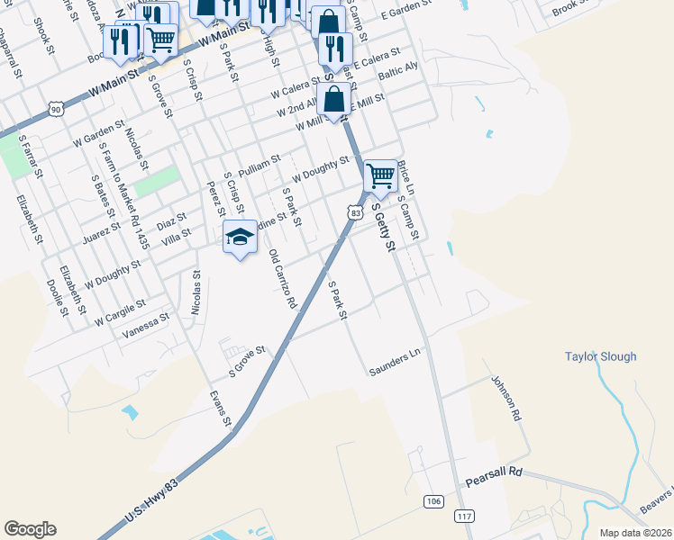 map of restaurants, bars, coffee shops, grocery stores, and more near 213 Crystal City Highway in Uvalde