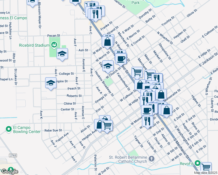 map of restaurants, bars, coffee shops, grocery stores, and more near 610 Hoskins Broadway Street in El Campo