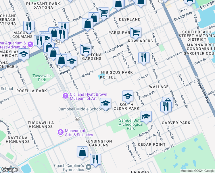map of restaurants, bars, coffee shops, grocery stores, and more near 816 South Kottle Circle in Daytona Beach