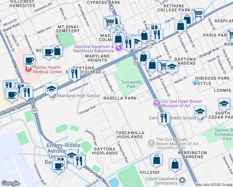 map of restaurants, bars, coffee shops, grocery stores, and more near in Daytona Beach