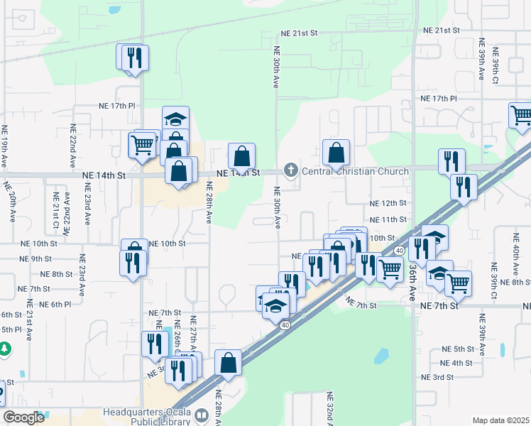 map of restaurants, bars, coffee shops, grocery stores, and more near 1200 Northeast 30th Avenue in Ocala