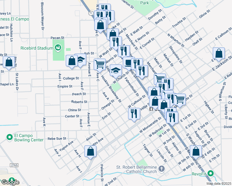 map of restaurants, bars, coffee shops, grocery stores, and more near 610 Hoskins Broadway Street in El Campo