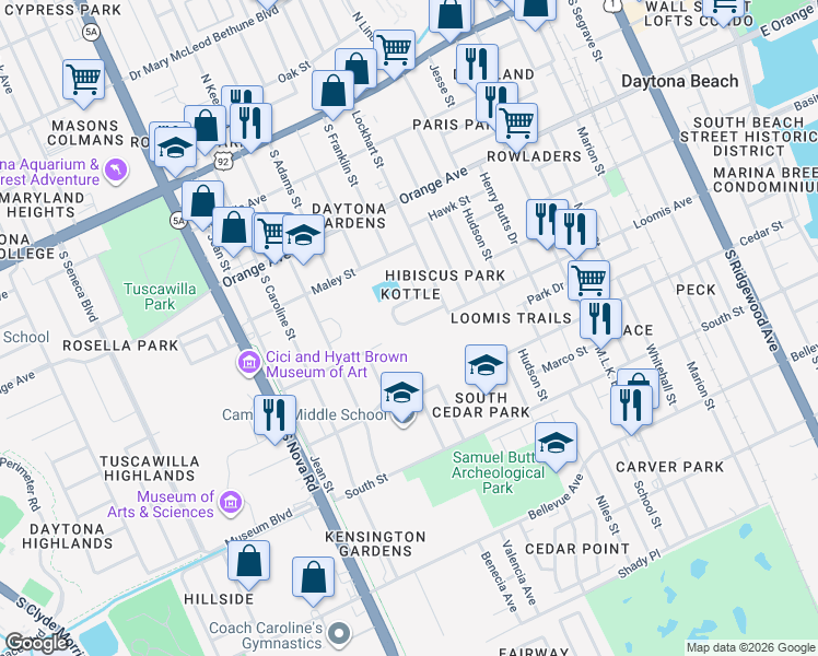 map of restaurants, bars, coffee shops, grocery stores, and more near 816 South Kottle Circle in Daytona Beach