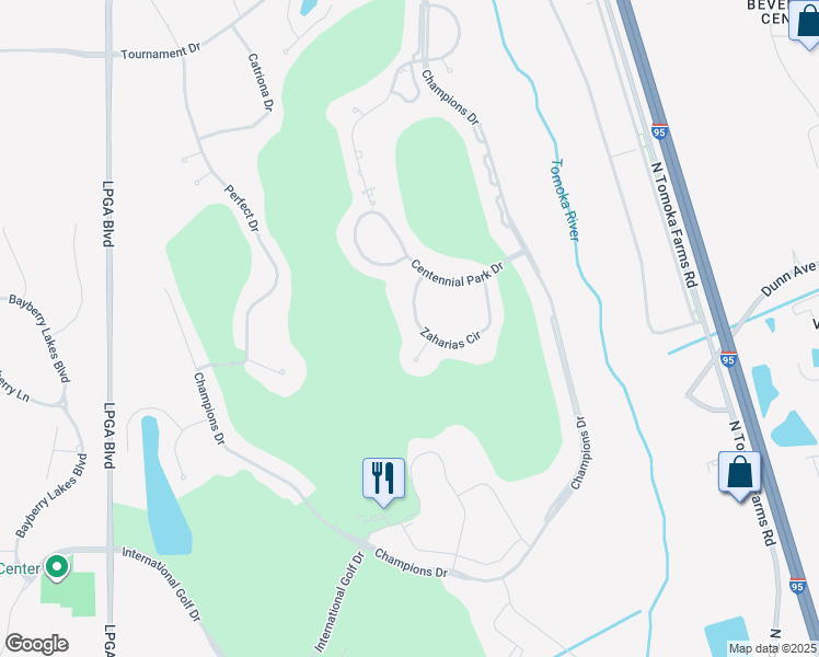 map of restaurants, bars, coffee shops, grocery stores, and more near 205 Zaharias Circle in Daytona Beach