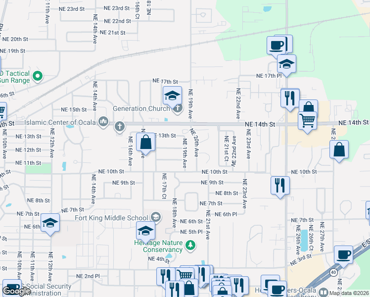 map of restaurants, bars, coffee shops, grocery stores, and more near Northeast 12th Street in Ocala